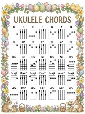 Ukulele chord chart with an Easter theme.