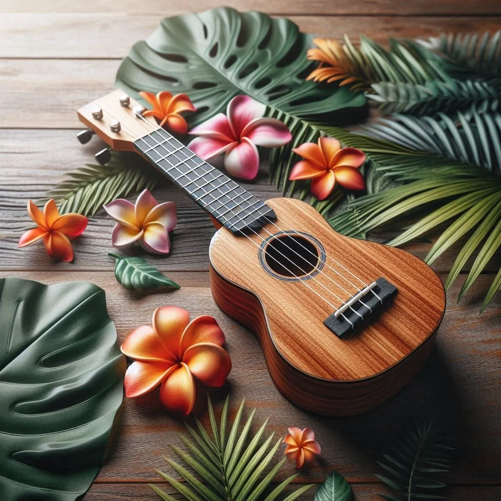 Small ukulele surrounded by flowers.