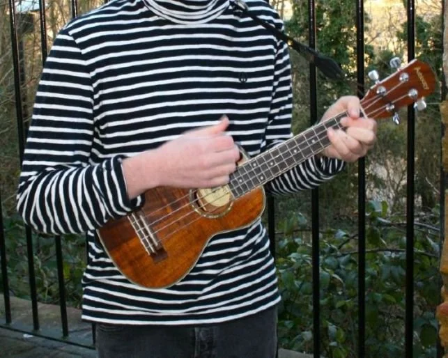 Close up of man in stripey shirt playing a ukulele.
