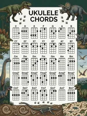 Ukulele chord chart with a dinosaur theme.