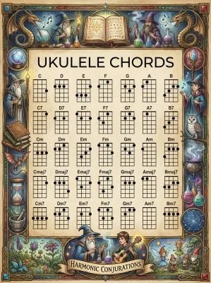 Ukulele chord chart with a wizard theme.