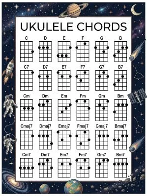 Ukulele chord chart with a space theme.