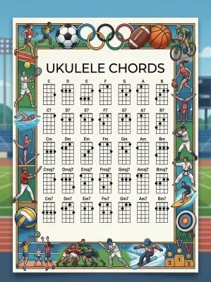Ukulele chord chart with a sports theme.