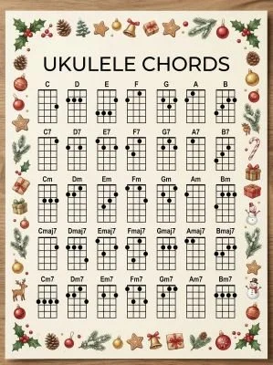 Ukulele chord chart with a Christmas theme.