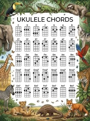 Ukulele chord chart with a wild animal theme.