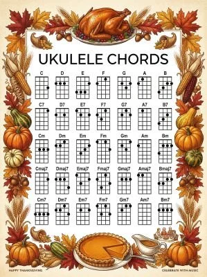Ukulele chord chart with a thanksgiving theme.