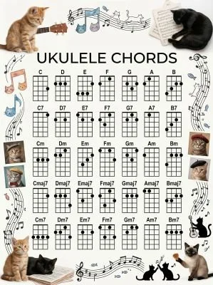 Ukulele chord chart with a cat theme.
