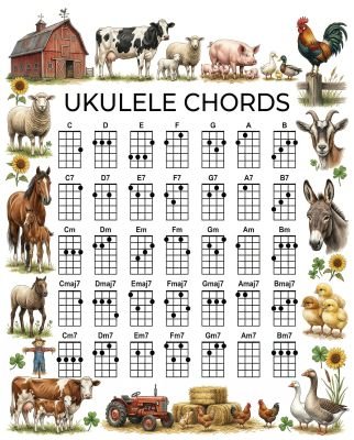 Ukulele chord chart with a farm animal theme.