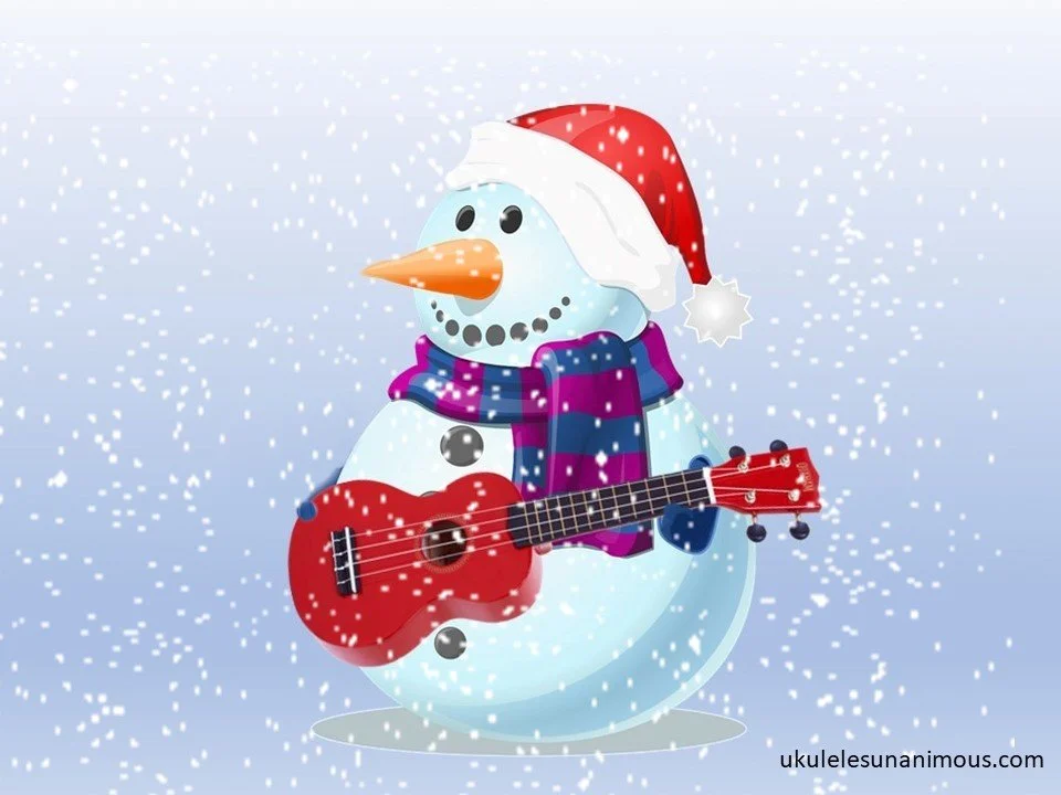 Cartoon of snowman playing a red ukulele.
