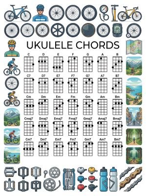 Ukulele chord chart with a cycling theme.