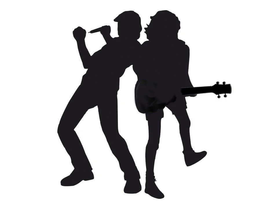 Two silhouetted people, one singing and one playing rock and roll on ukulele.