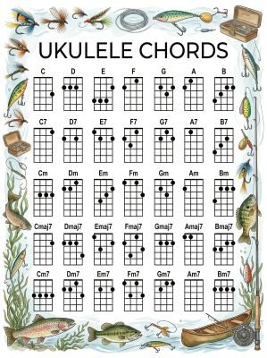 Ukulele chord chart with a fishing theme.