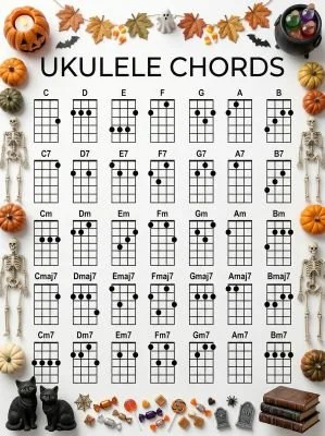Ukulele chord chart with a Halloween theme.