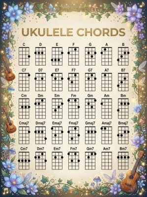 Ukulele chord chart with an enchanted garden theme.