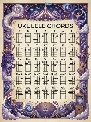 Ukulele chord chart with a dream circus theme.
