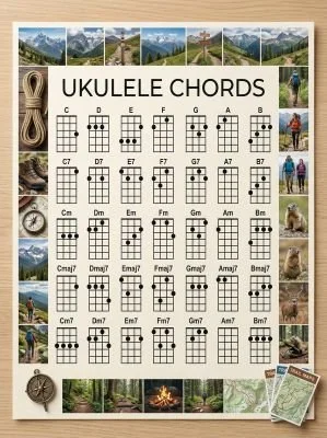 Ukulele chord chart with a walking theme.