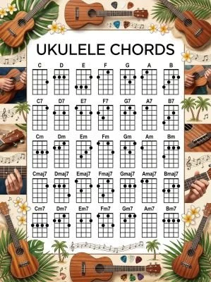 Ukulele chord chart with a ukulele theme.