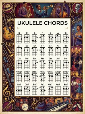 Ukulele chord chart with a jazz theme.