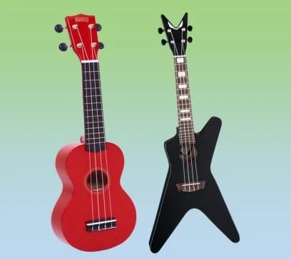 Red acoustic and black electric ukulele.