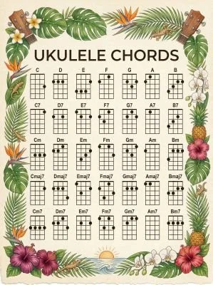 Ukulele chord chart with a tropical theme.