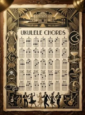 Ukulele chord chart with a 1920s theme.