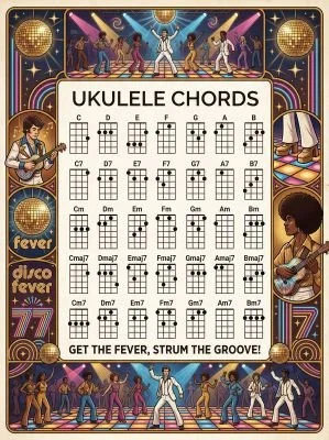 Ukulele chord chart with a 1970s theme.