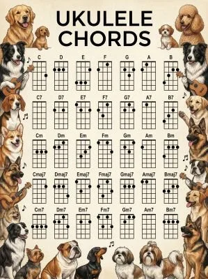 Ukulele chord chart with a dog theme.