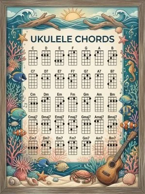 Ukulele chord chart with an ocean theme.