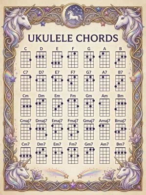 Ukulele chord chart with a unicorn theme.