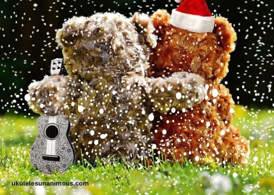 Christmas Bears Cuddling with Ukulele.