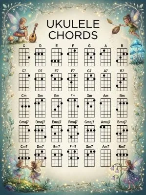 Ukulele chord chart with a fairy theme.