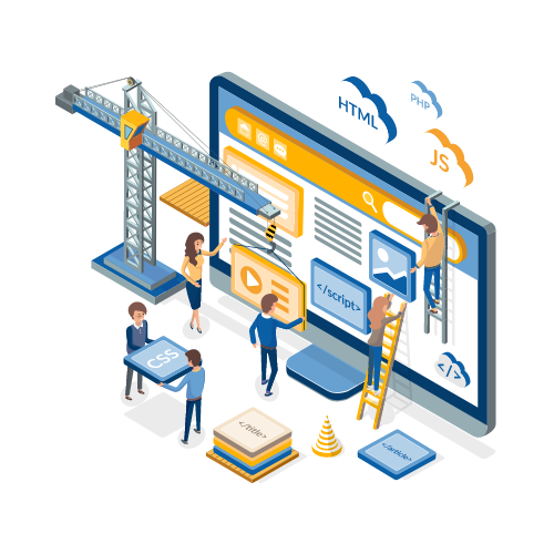 Illustration of people building a website using construction equipment, surrounded by HTML, JS, PHP clouds and books labeled CSS and JSON.