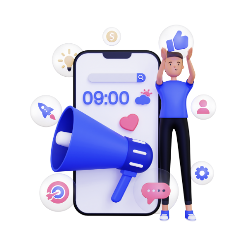 3D illustration of a person wearing a blue shirt standing next to a large smartphone displaying 09:00. Surrounding icons include a megaphone, chat bubble, heart, thumbs up, and various social media symbols, indicating digital communication or online marketing theme.