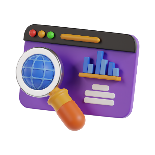 3D illustration of a browser window with a magnifying glass, charts, and global symbol.