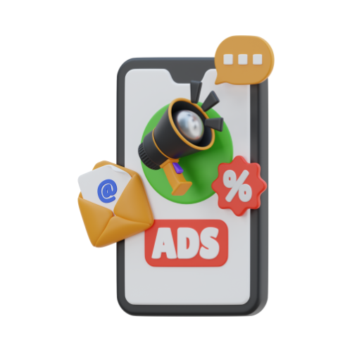3D illustration of a smartphone displaying online advertising elements such as an envelope with an @ symbol, a magnifying glass, a percentage symbol, and the word "ADS."