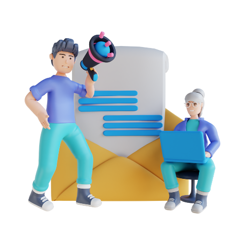 3D illustration of a person with a megaphone and another sitting with a laptop in front of a large envelope and paper, symbolizing communication or marketing.