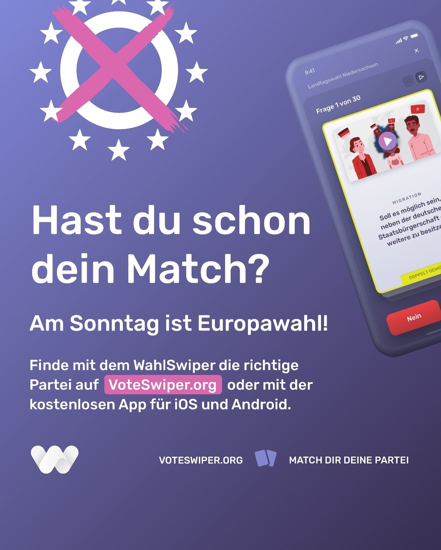 🗳️ Am Sonntag wird das neue Europa-Parlament gew&auml;hlt. Du wei&szlig;t nicht, welche Partei du w&auml;hlen sollst? 

Dann lege ich dir mein Herzensprojekt ans Herz. ❤️ 

Mit dem @wahlswiper findest du heraus, mit welcher Partei du das beste Match