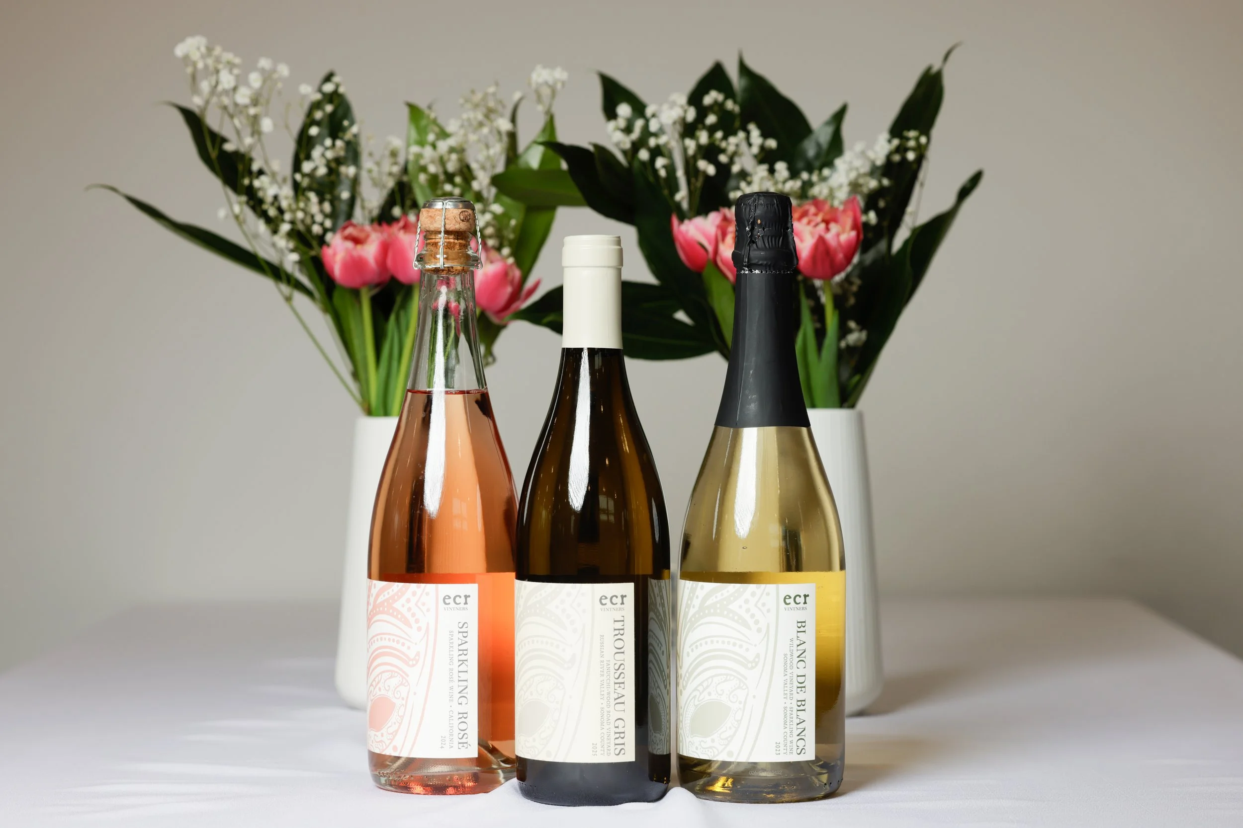 Spring Tastemaker Trio - sparkling rose, blanc de blancs sparkling wine and the 2025 Trousseau Gris.
