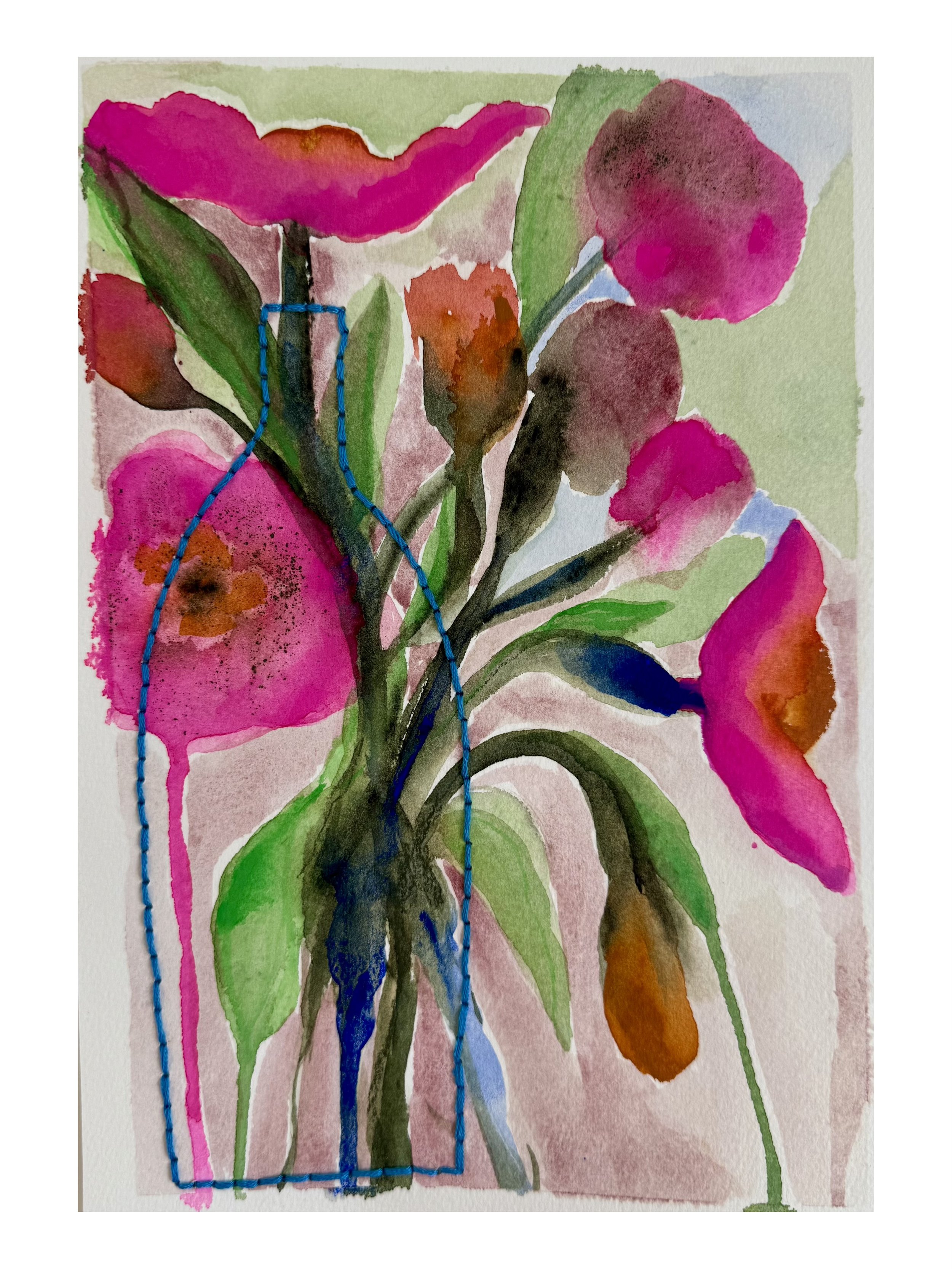 "Vine + Blossom", 2025. Original watercolor on paper stitched with embroidery thread. 7"x10"