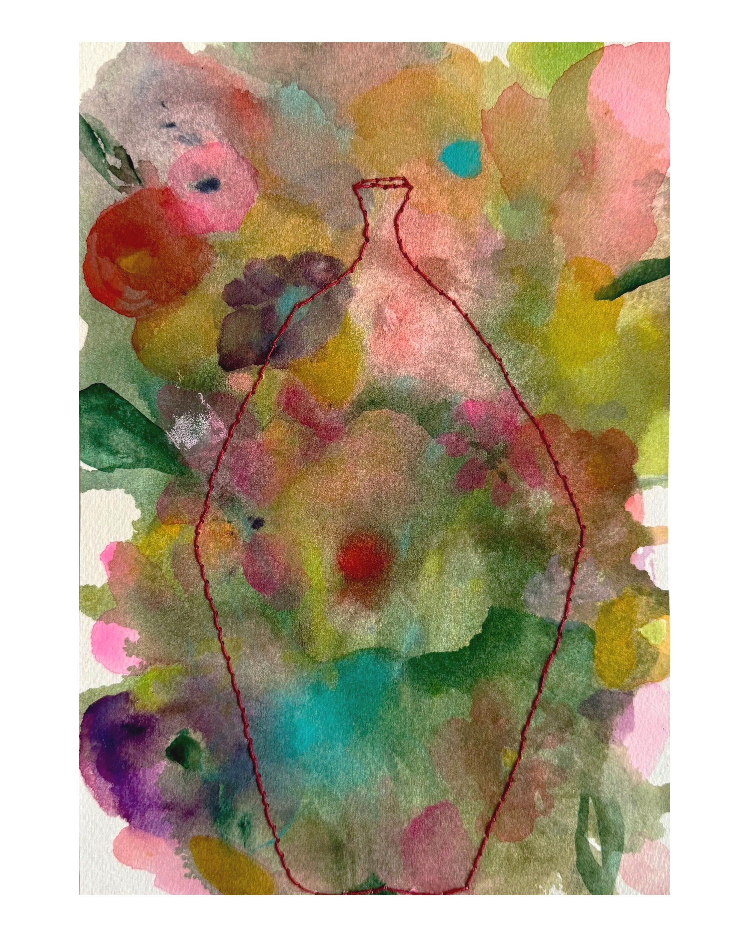 "Vessel", 2025. Original watercolor on paper stitched with embroidery thread. 7"x10"