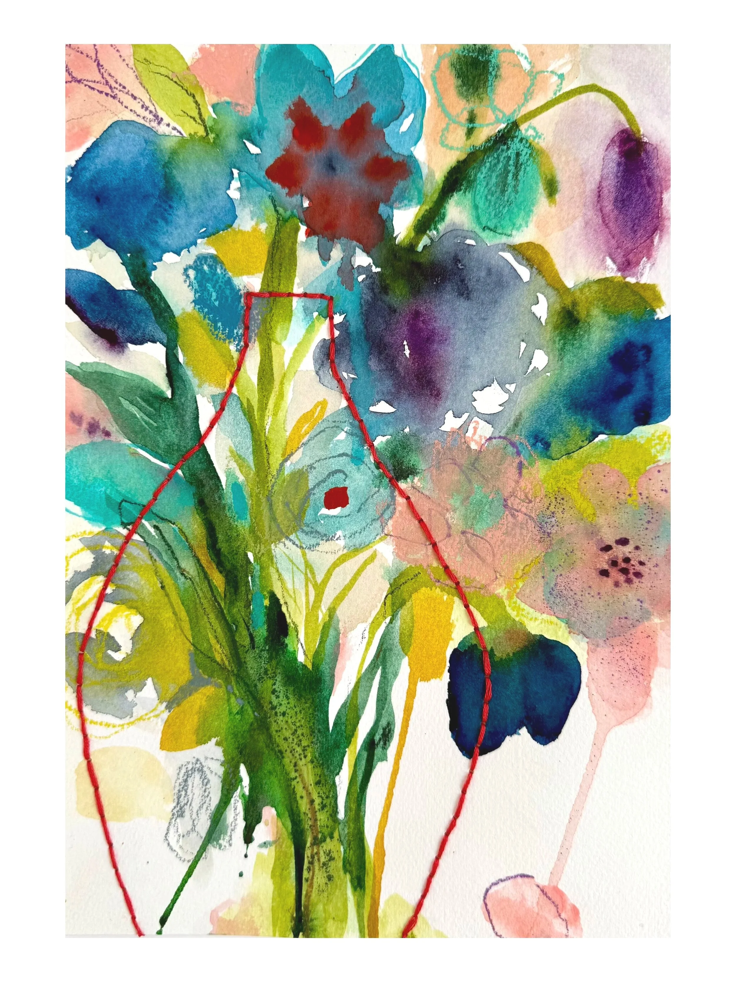 "Petals + Stems", 2025. Original watercolor on paper stitched with embroidery thread. 7"x10"