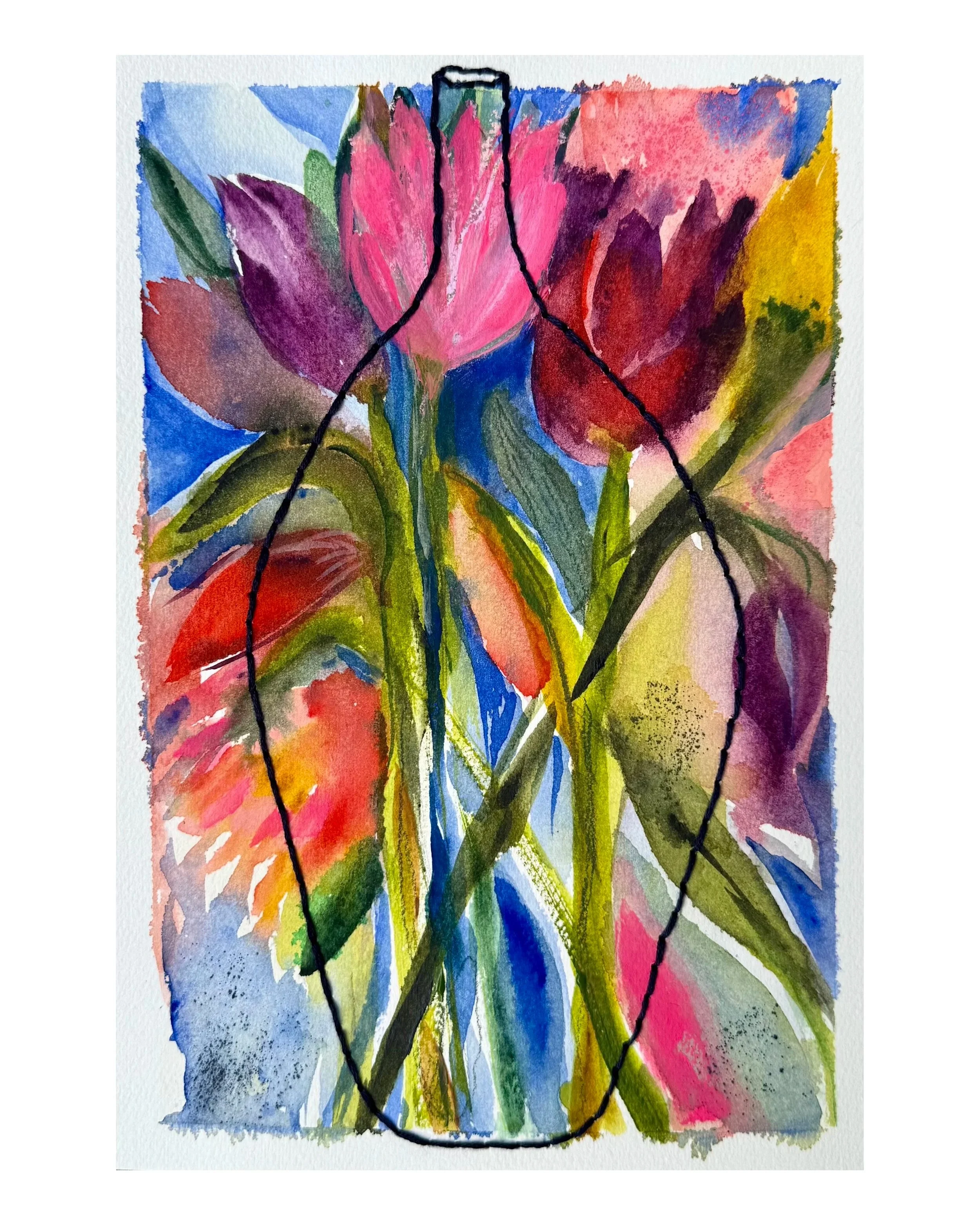 "Tulips", 2025. Original watercolor on paper stitched with embroidery thread. 7"x10"