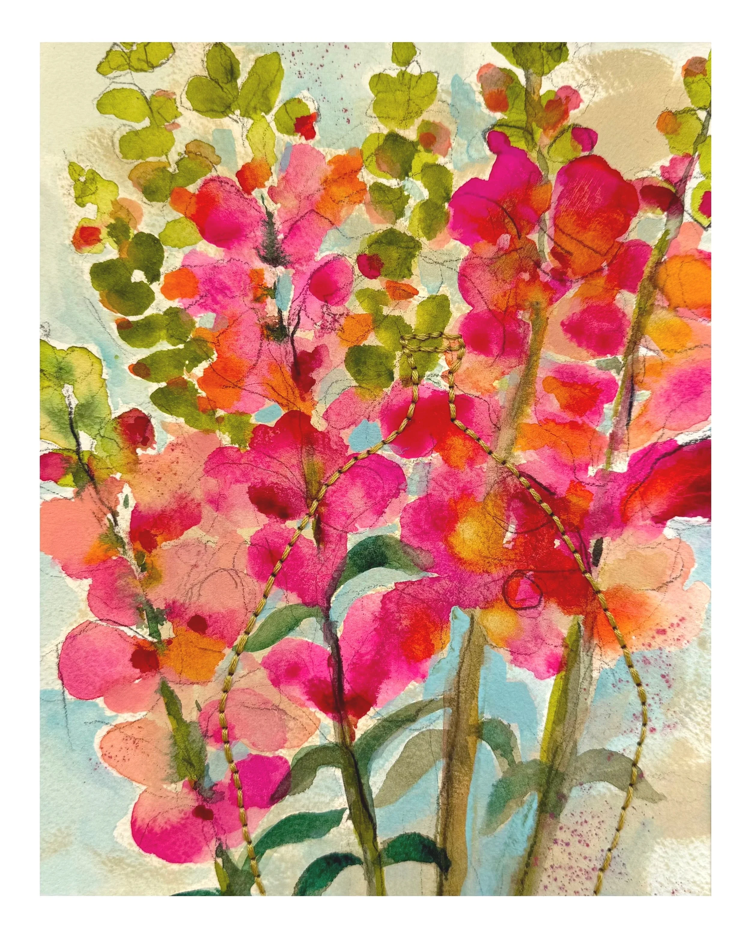 "Snapdragons", 2025. Original watercolor on paper stitched with embroidery thread. 8"x10"