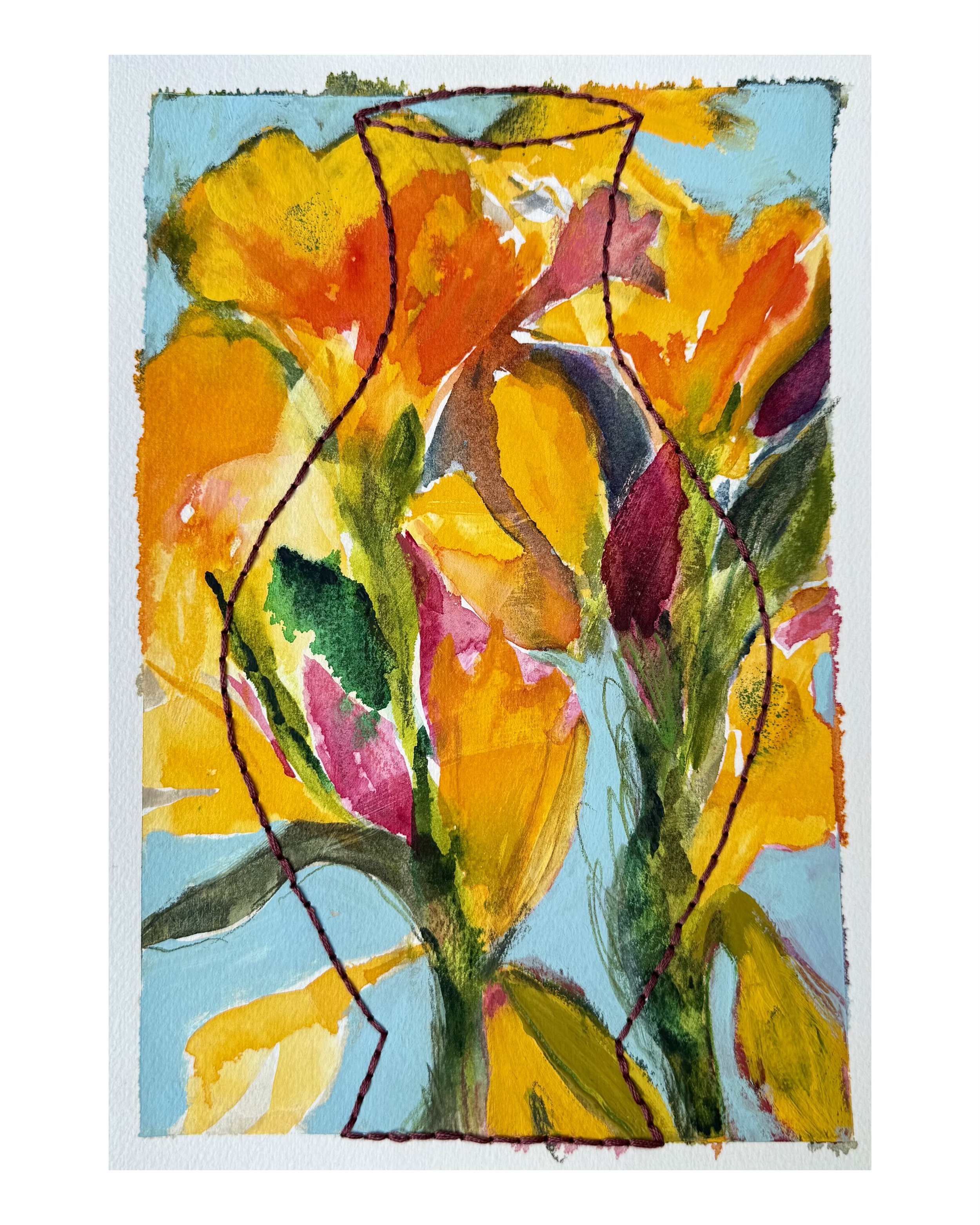"Daffodils", 2025. Original watercolor on paper stitched with embroidery thread. 7"x10"