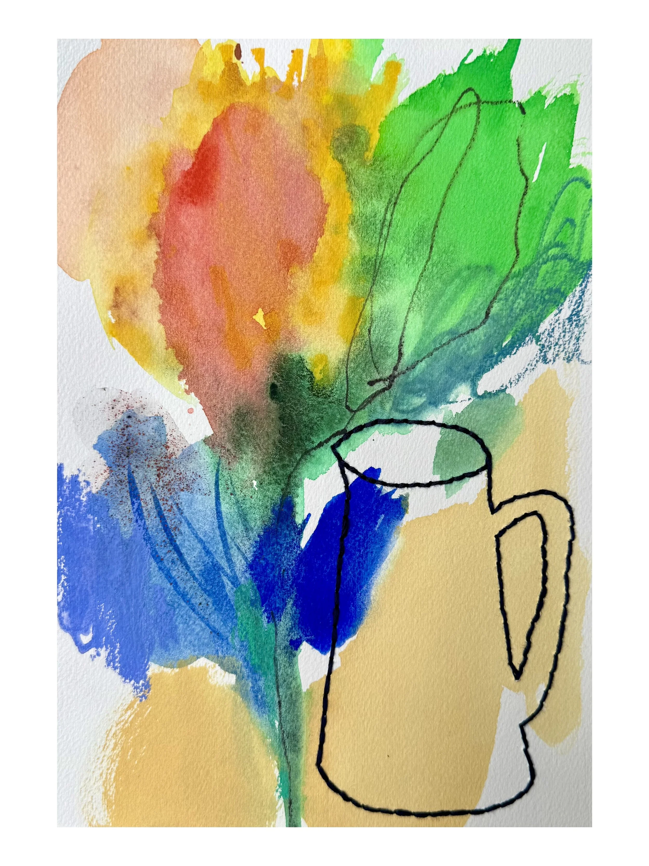 "Big Blossom", 2025. Original watercolor on paper stitched with embroidery thread. 7"x10"
