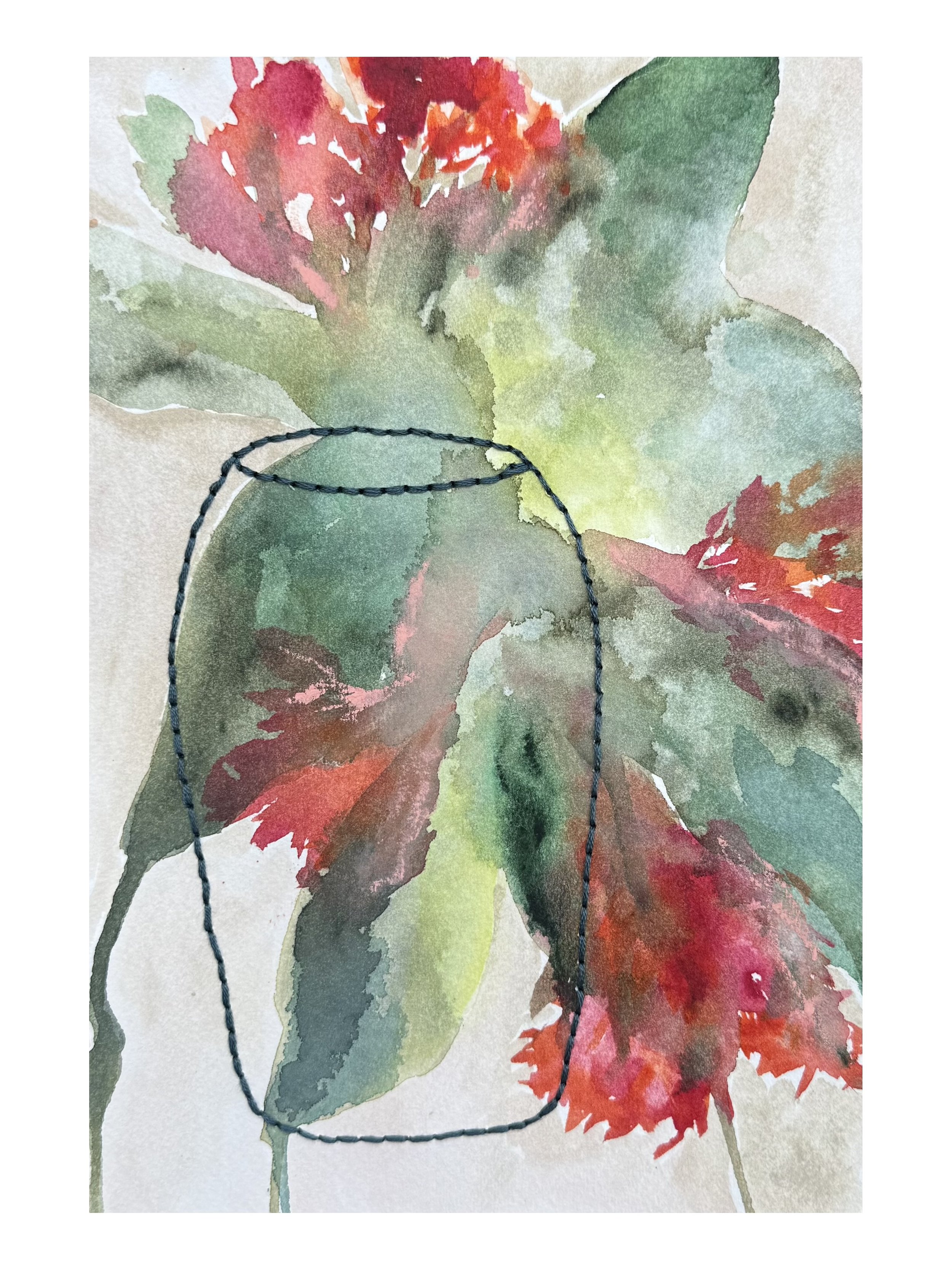 "Christmas Cactus", 2025. Original watercolor on paper stitched with embroidery thread. 7"x10"