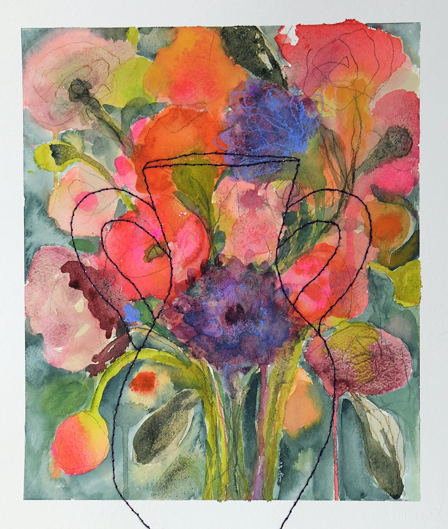 "Good & Plenty", 2026. Original watercolor on paper stitched with embroidery thread. 12"x14"