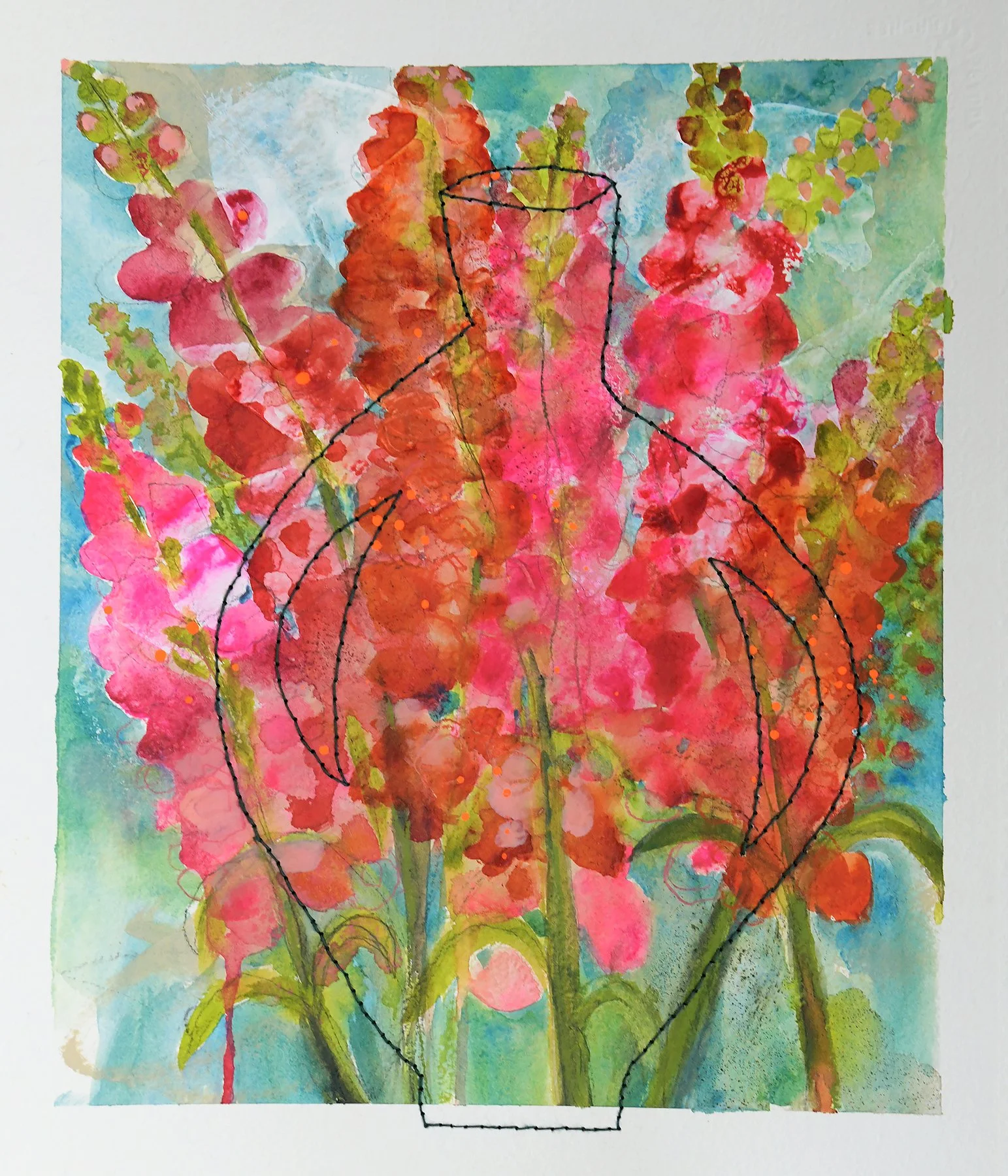 "This & More", 2026. Original watercolor on paper stitched with embroidery thread. 12"x14"