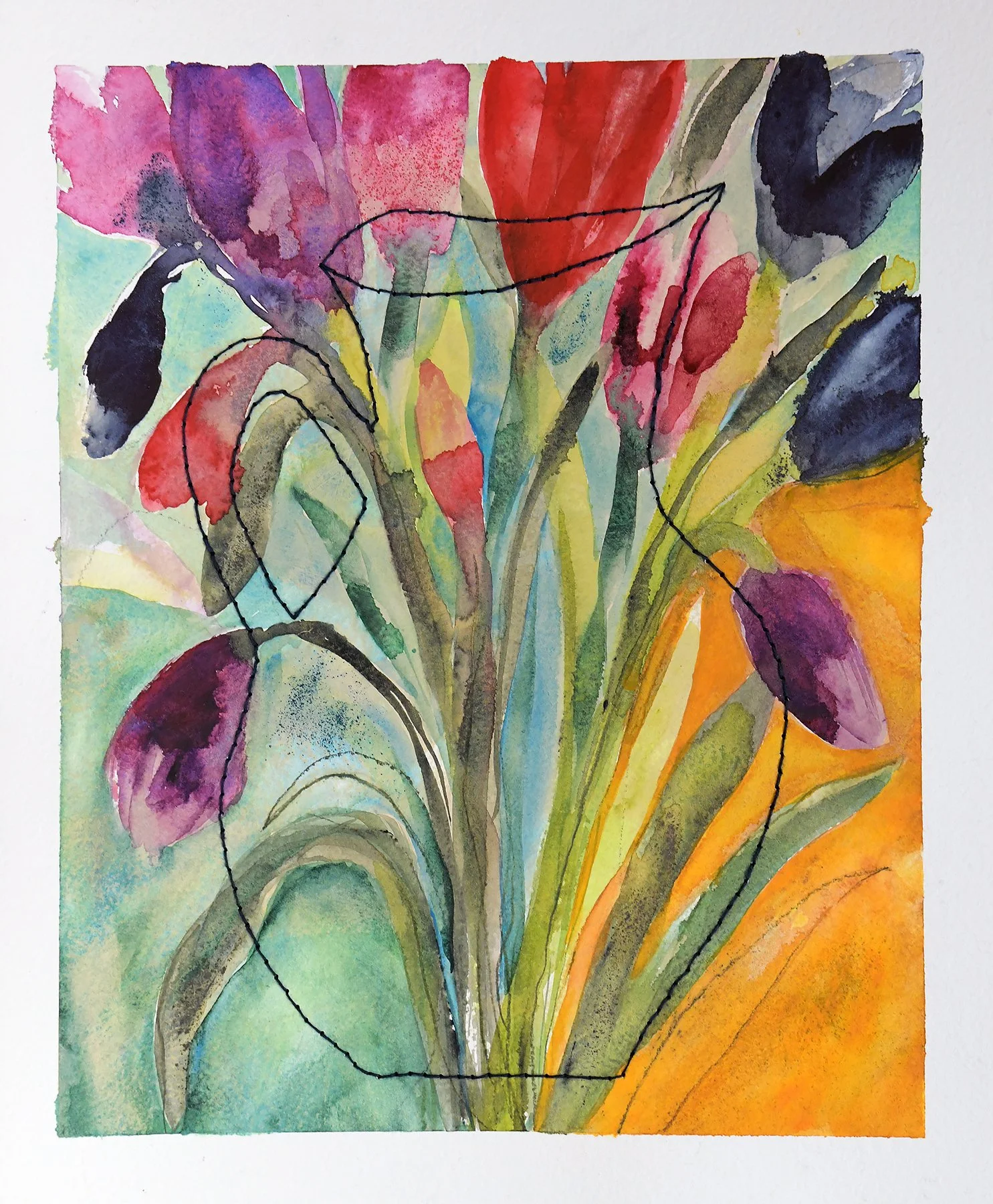 "Over & Flowing", 2026. Original watercolor on paper stitched with embroidery thread. 12"x14"