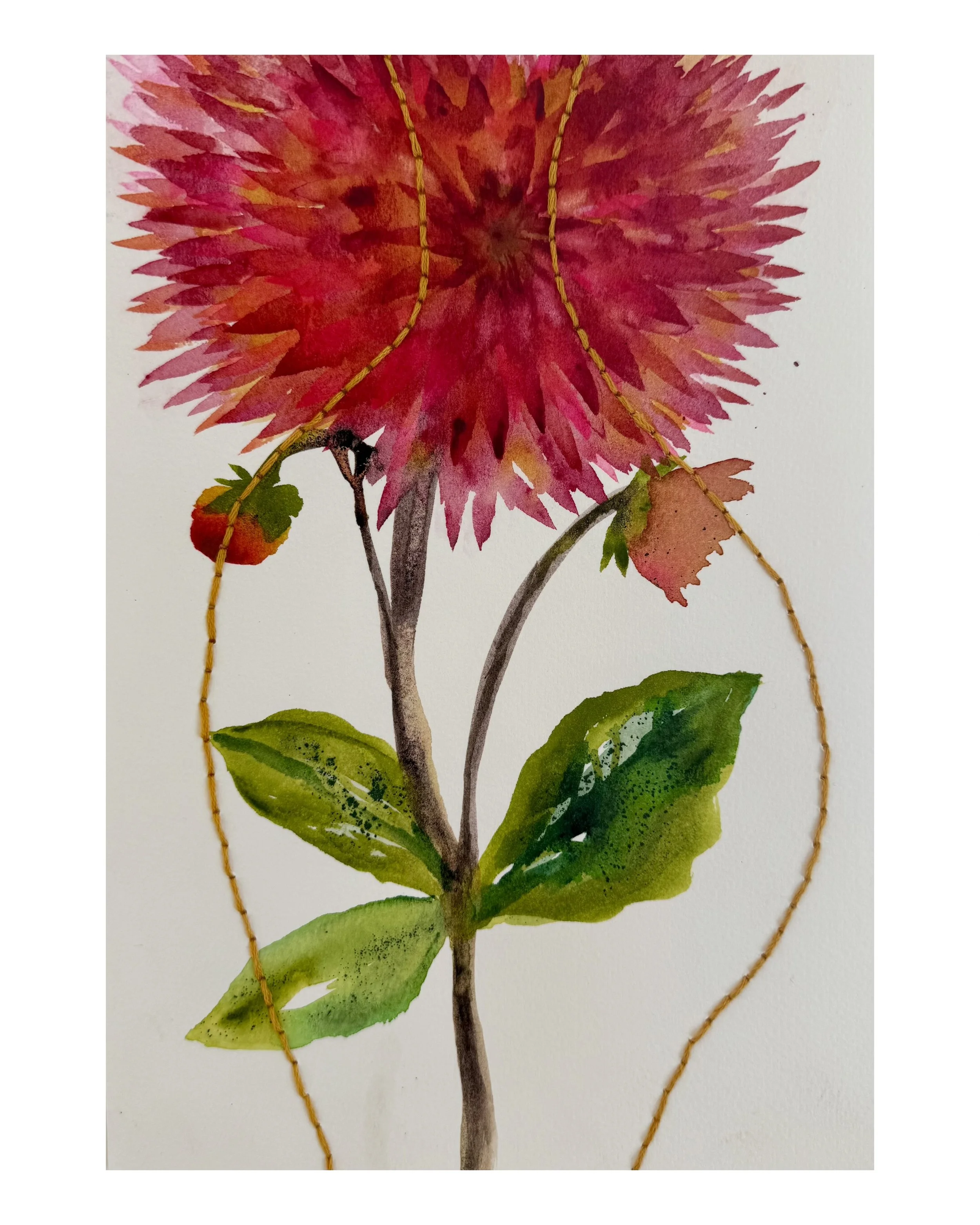 "Dahlia", 2025. Original watercolor on paper stitched with embroidery thread. 7"x10"